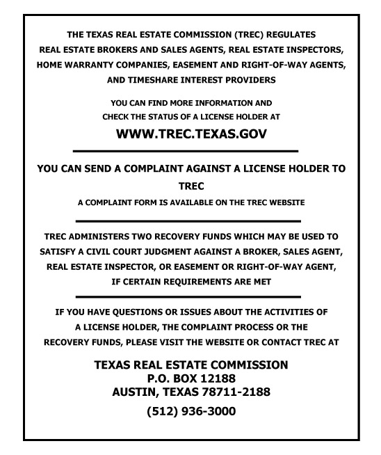 Texas Real Estate Commission Consumer Protection Notice